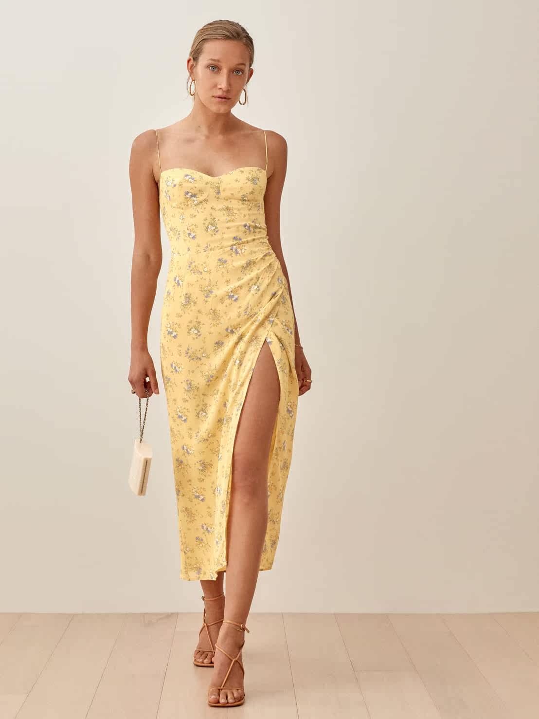 Reformation American floral print dress long skirt sexy side slit hem suspender dress