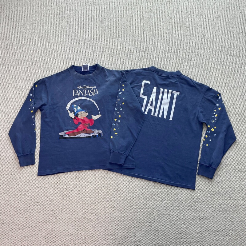 Correct Saint Mx6 Collaboration with Mickey Mouse, Magical Pre-Dyed and Washed Distressed Round Neck Long-Sleeve T-Shirt