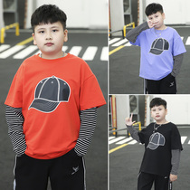 Fat boys add fat to increase loose long sleeve T-shirt autumn clothes big children fat children fake two round neck tops autumn