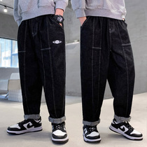 Boy loose straight jeans autumn clothes 2021 New medium big boy dad pants fried street Black Tide pants