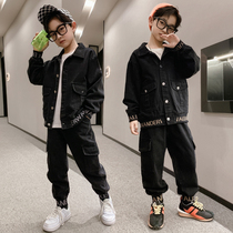 Boy denim suit spring and autumn clothing 2021 New handsome fashionable childrens clothing boy two-piece clothes tide