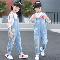 Boys denim straps pants autumn clothes children boys spring and summer sling holes thin trousers Korean version of the tide