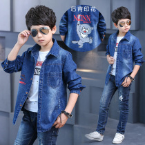 Childrens denim shirt spring boys long sleeve shirt cotton middle child 12 boys spring and autumn coat 15-year-old tide