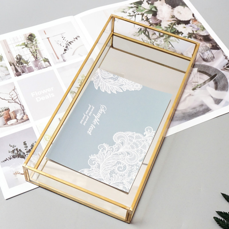 Nordic simple Brass square glass tray Jewelry aromatherapy storage plate European Wedding decoration ornaments