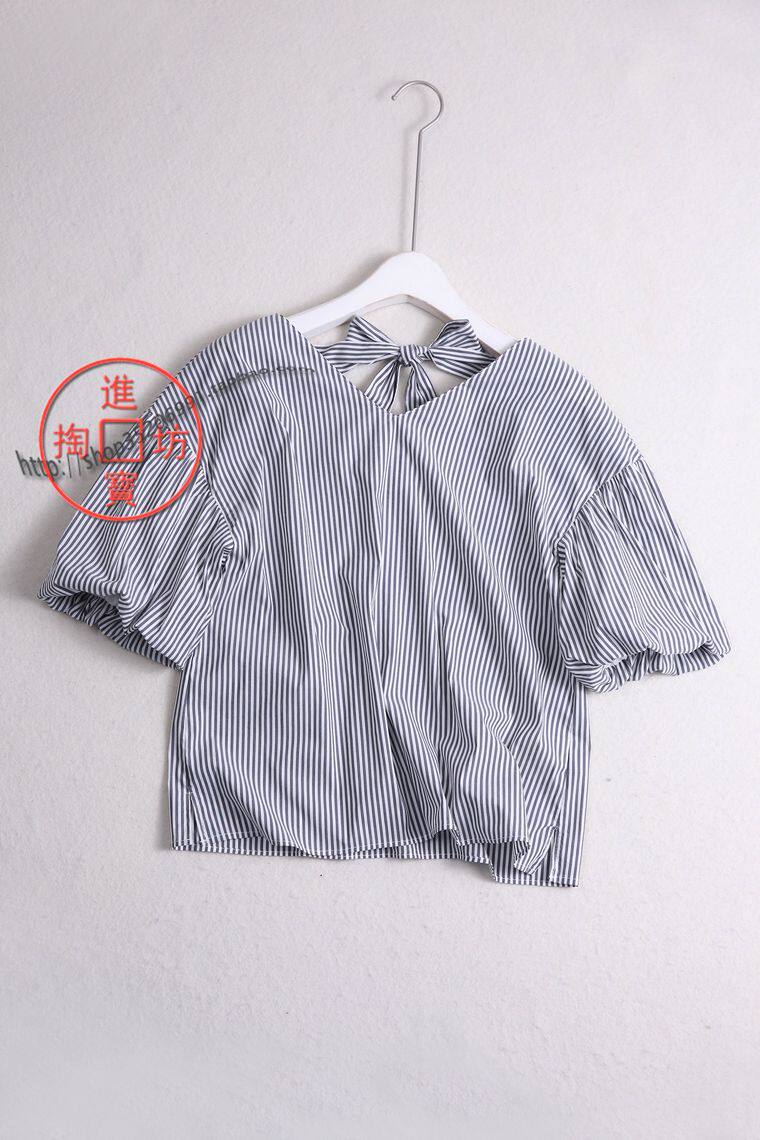 154D 0717 Reduced Age Casual Bow Tie Lace V Collar Bubble Short Sleeve Crash Color Vertical Striped Sleeve Head Shirt