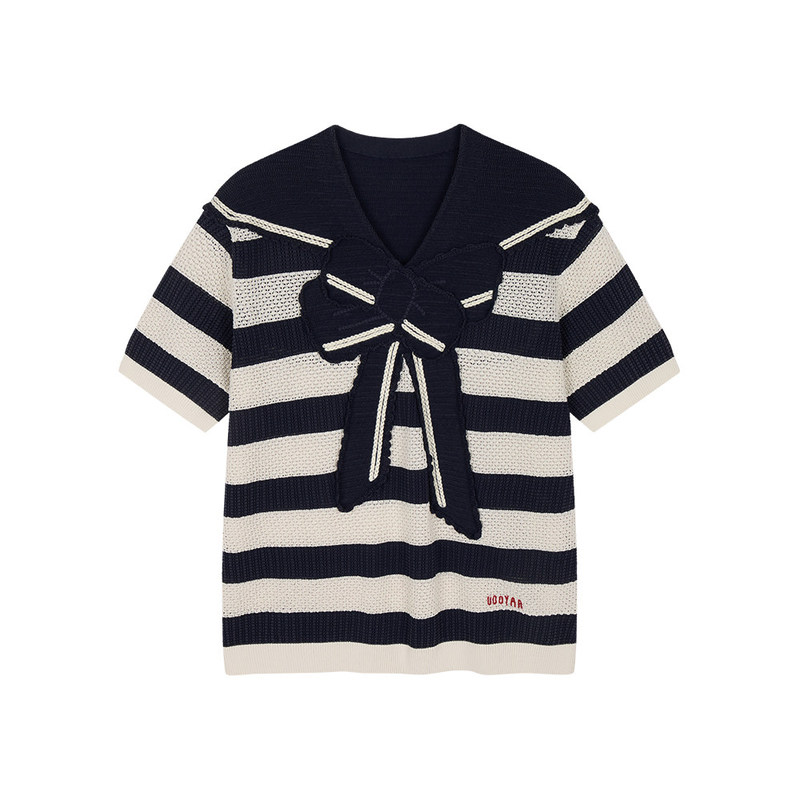 Mommy~2026 Summer New Designer Style Striped Navy Collar Bowknot Knitted Sweater T-Shirt Mommy~2026 Summer New Designer Style Striped Navy Collar Bowknot Knitted Sweater T-Shirt