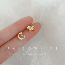 Asymmetrical Stars Moon Earrings Female S925 Pure Silver Comeback AB Small Crowdsourced Personality Design Feel Earrings Student Female