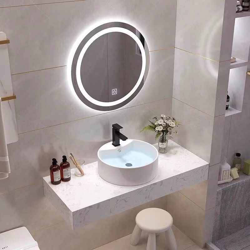 B&B Bathroom Marble Washstand with Ceramic Basin Set, Hotel Guesthouse Bathroom Round Basin Set