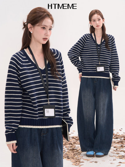 Flower field showcase htmeme south wind past ~ casual v-neck striped sweater for women winter all-match pullover knitted top