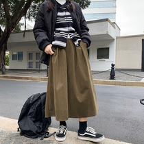 Flower field window retro corduroy pleated half skirt women elastic waist long slim Joker A- line dress spring and autumn