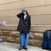 Flower field window hanging black suit jacket female Korean version of loose profile long top casual Ruffian suit