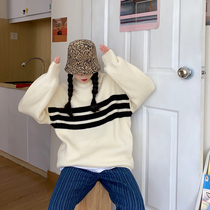 Flower field window sweater retro Japanese lazy color color striped pullover female Korean version loose knitted autumn and winter thick