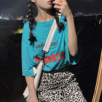 Flower field window peacock blue short sleeve T-shirt female summer tide long cotton new Korean loose BF port flavor coat