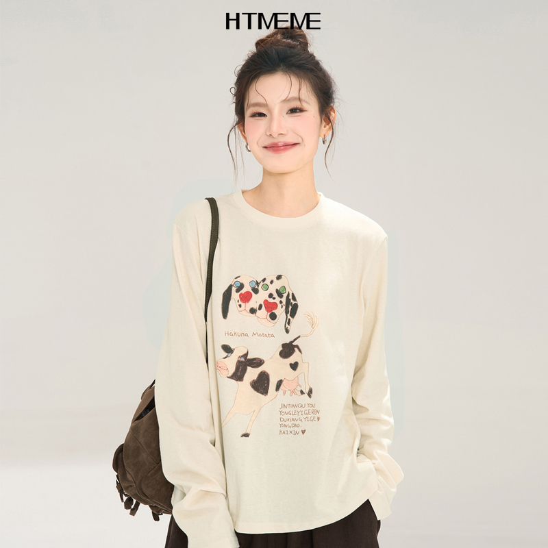 Flower Field Showcase Htmeme Wave Cow~ Korean Style Age-Reducing Cow Print Long Sleeve T-Shirt for Women Autumn Casual Top
