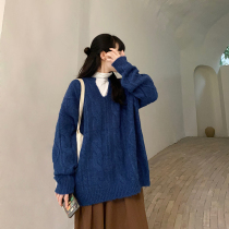 Flower field window gentle Korean sweater women wear new V-neck loose lazy blue knitted top soft waxy