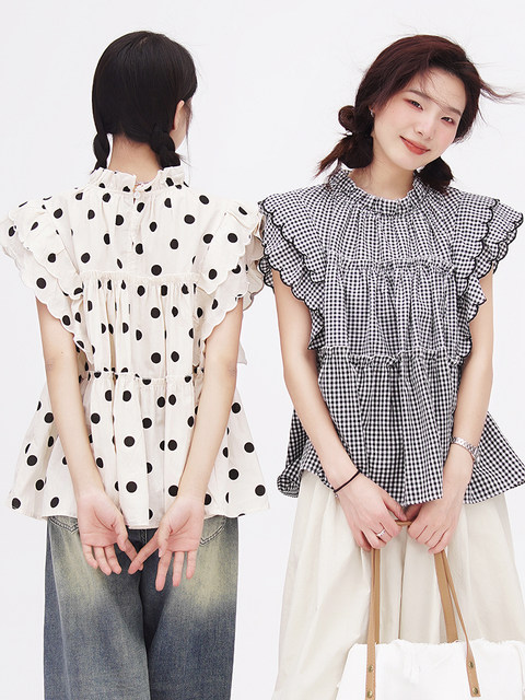 Flower Field Window HTmeme Summer White Tea ~ Polka Dot Small Flying Sleeve Shirt Female Summer Sweet Lace Cake Top