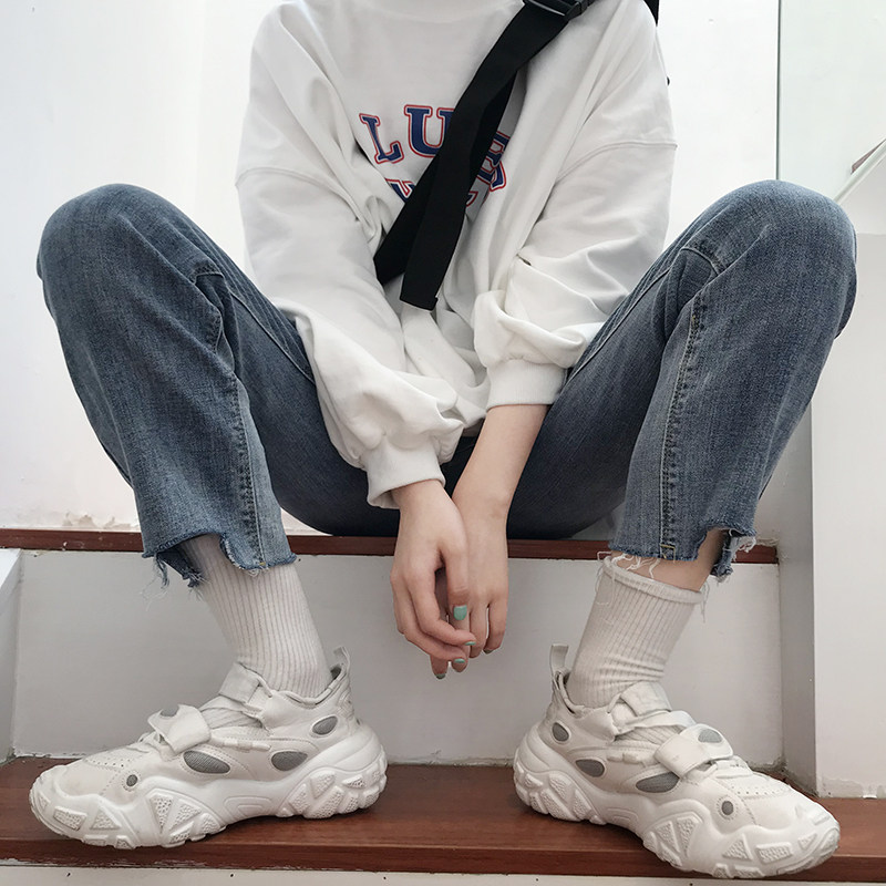 Flower field window jeans women's high-waisted straight loose spring and autumn Korean version pants show thin and wild dad pants nine-point pants