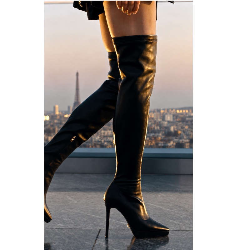 Fabeifei's New Autumn and Winter European and American Style Black Over-The-Knee Extra-Long Boots with Waterproof Platform, Pointed Toe, Stiletto Heels, Slimming and Elastic Women's Boots