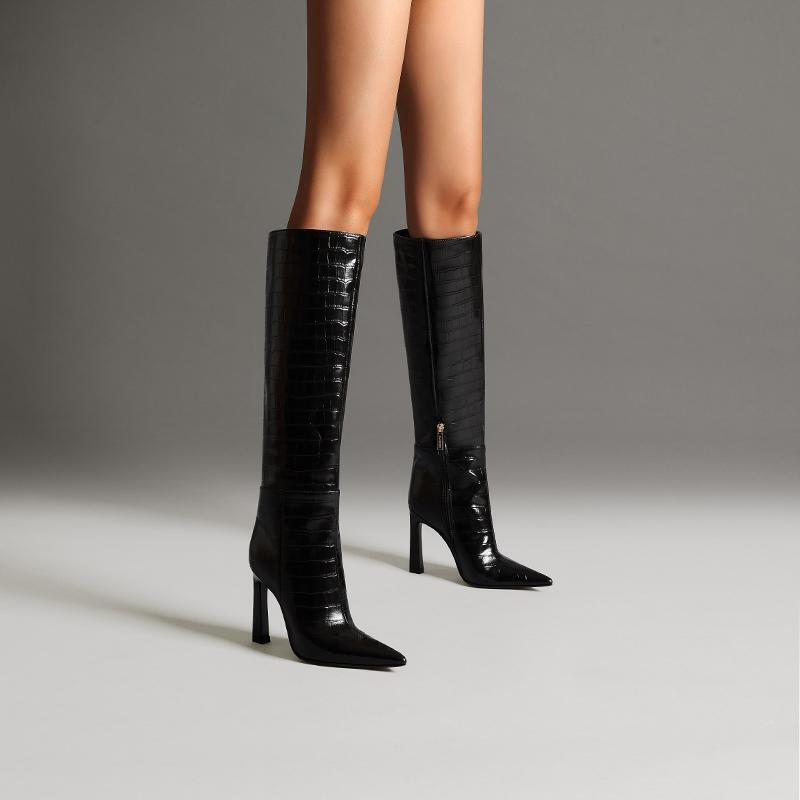 Fabeifei Crocodile Pattern Cowhide Pointed Toe Straight Stiletto High Heel Women's Boots European and American Autumn and Winter New Black Over-The-Knee Boots Fabeifei Crocodile Pattern Cowhide Pointed Toe Straight Stiletto High Heel Women's Boots European and American Autumn and Winter New Black Over-The-Knee Boots