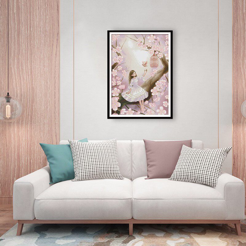 KS new cross stitch 2020 meritocratic cartoon living room bedroom simple painting cherry blossoms girl slightly herself embroidered