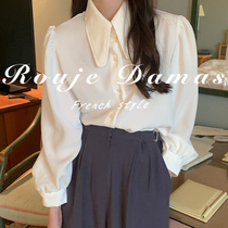 France Rouje Damas early autumn minimalist Temperament Tip collar single row with 100 lap loose pure color long sleeve shirt