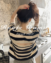 French Rouje Damas striped T-shirt short sleeve woman 2022 summer dew back design small crowdsourced pure cotton short