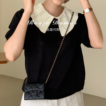 France Rouje Damas Summer 100 hitch Collision Color Splicing Loose Casual Thin Bubble Cuff knitted Shirt blouse