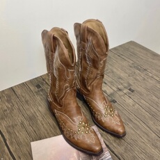 Западные Boots 铆钉复古西部靴2023新款粗跟百搭v口刺绣骑士靴尖头牛仔靴中筒靴