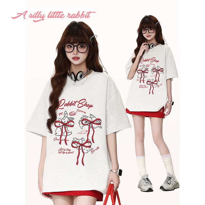 A Cute and Sweet Cartoon Rabbit Print Pure Cotton Short-Sleeve T-Shirt for Women, Loose Fit for Summer ins Top