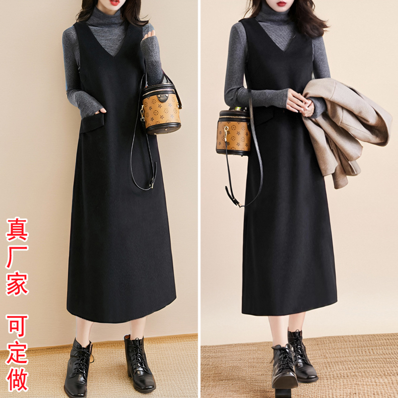 2026 Autumn/Winter New V-Neck Sleeveless Vest Dress, Mid-Length Pocket Straight Dress, Thick Style, Slimming and Tummy-Concealing