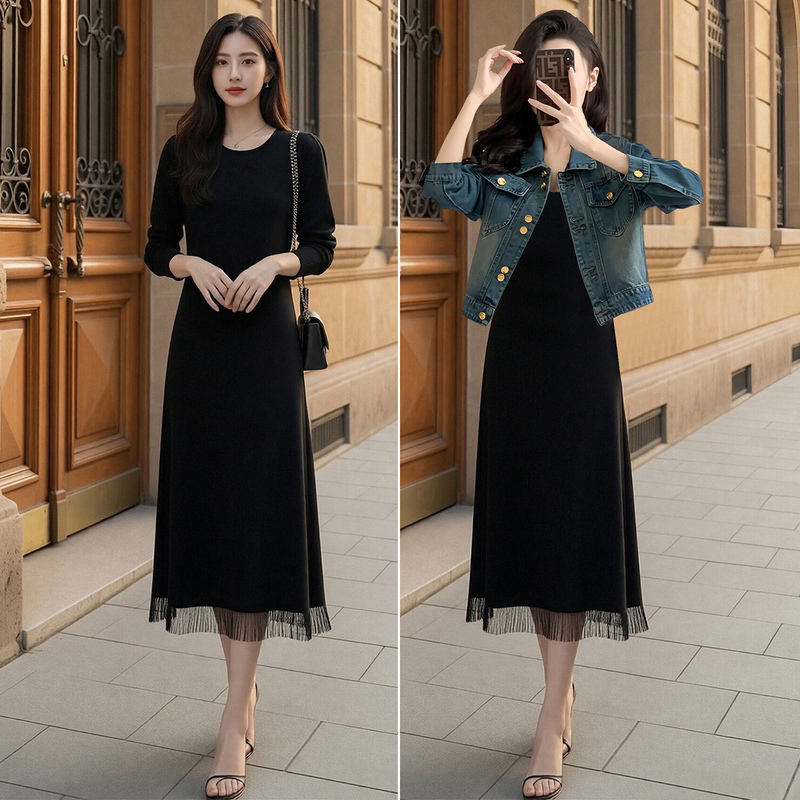 2026 Spring and Autumn New Style 175cm Tall A-Line Long Sleeve Dress for Women, Black Fringe Trim Two-Piece Set Base Dress