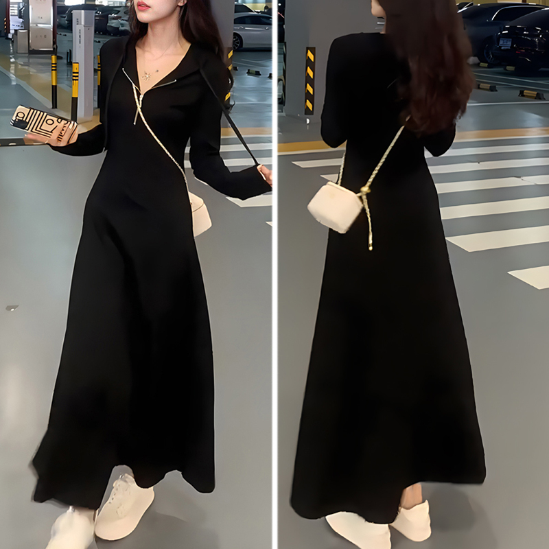 A-Line Hooded Sweatshirt Dress with a High-End Feel, Slim-Fitting Dress for Women, Waist-Cinching, Slimming, Inner Layering Dress, Long Style A-Line Hooded Sweatshirt Dress with a High-End Feel, Slim-Fitting Dress for Women, Waist-Cinching, Slimming, Inner Layering Dress, Long Style