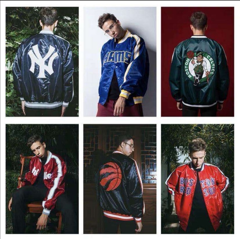 Spring and Autumn Models of Satin Jackets for Men and Women Featuring the Lakers, Celtics, Warriors, Bulls, Rockets, Bucks, Red Sox, and Hawks Baseball Teams
