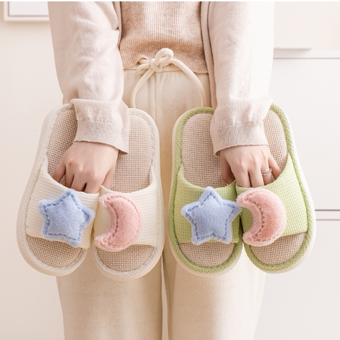 Cross-Border Amazon Linen Slippers Indoor Star and Moon Girl Slippers European and American Thick-Soled Home Cotton and Linen Slippers for Women