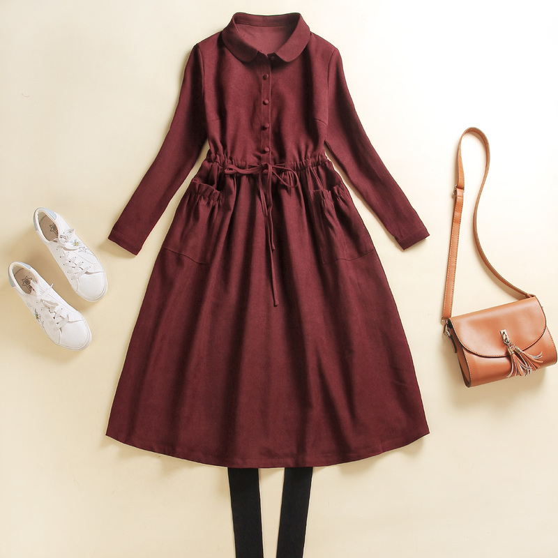 Retro Corduroy Long-Sleeved Dress for Women Spring & Fall 2026 New Style Waist Slimming Mid-Length A-Line Bottoming Skirt