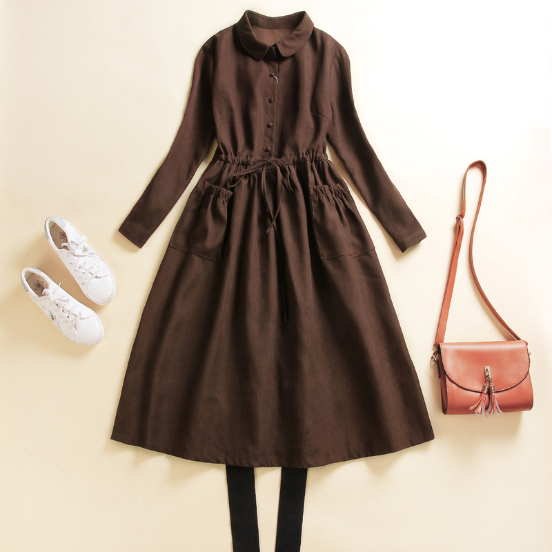 Retro Corduroy Long-Sleeved Dress for Women Spring & Fall 2026 New Style Waist Slimming Mid-Length A-Line Bottoming Skirt