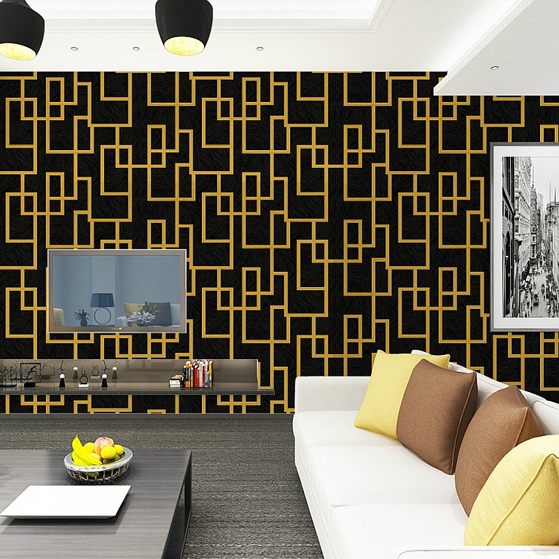 Chinese vintage clear and clear solid relief sofa TV background wall paper Back to print pane Black bottom gold Living room wallpaper