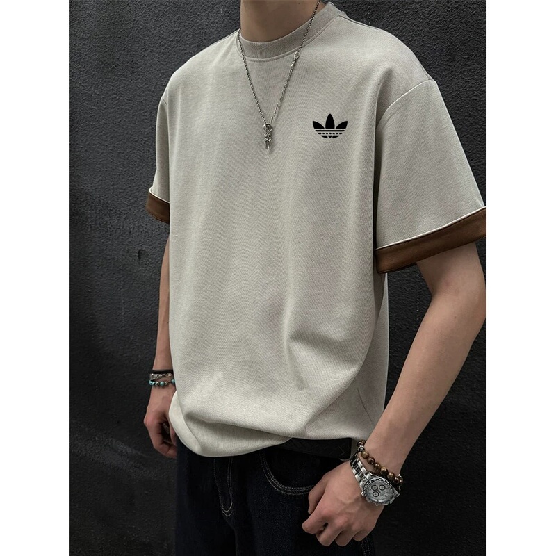 Outlet Korean-Style Short-Sleeve T-Shirt for Men, Summer Old Money Style, American Retro Color-Blocking Cleanfit Half-Sleeve Top