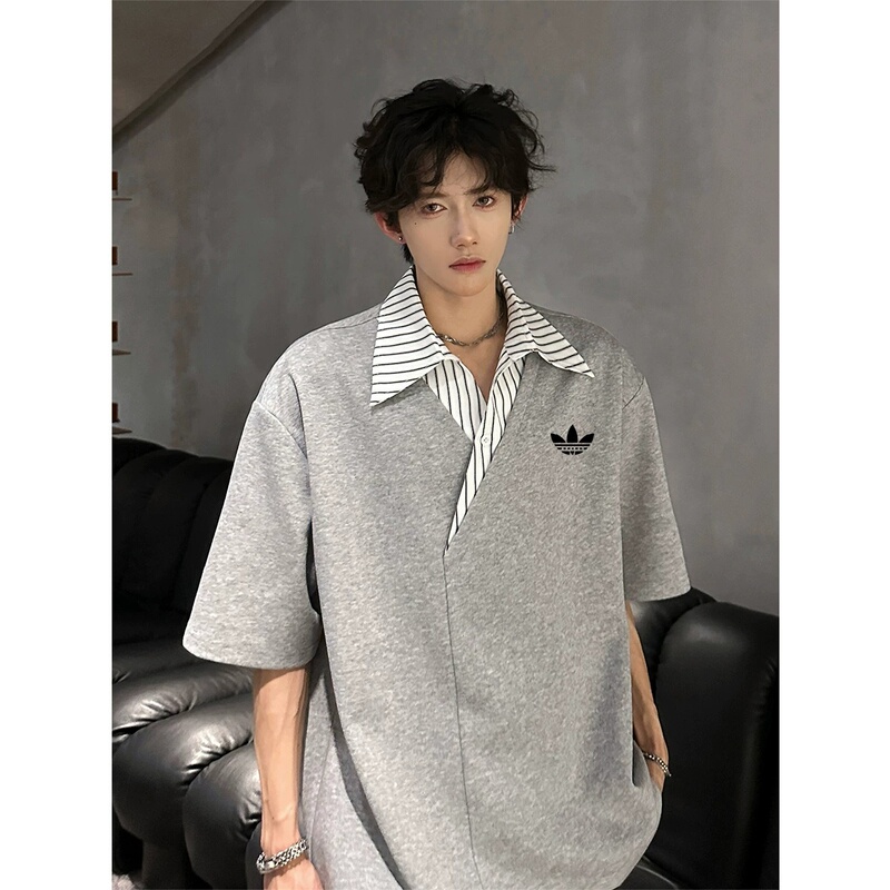 Outlet Exclusive V-Neck Short-Sleeve Men's Summer Black Fake Two-Piece Stylish Striped Turn-Down Collar Heavy-Duty Half-Sleeve Top