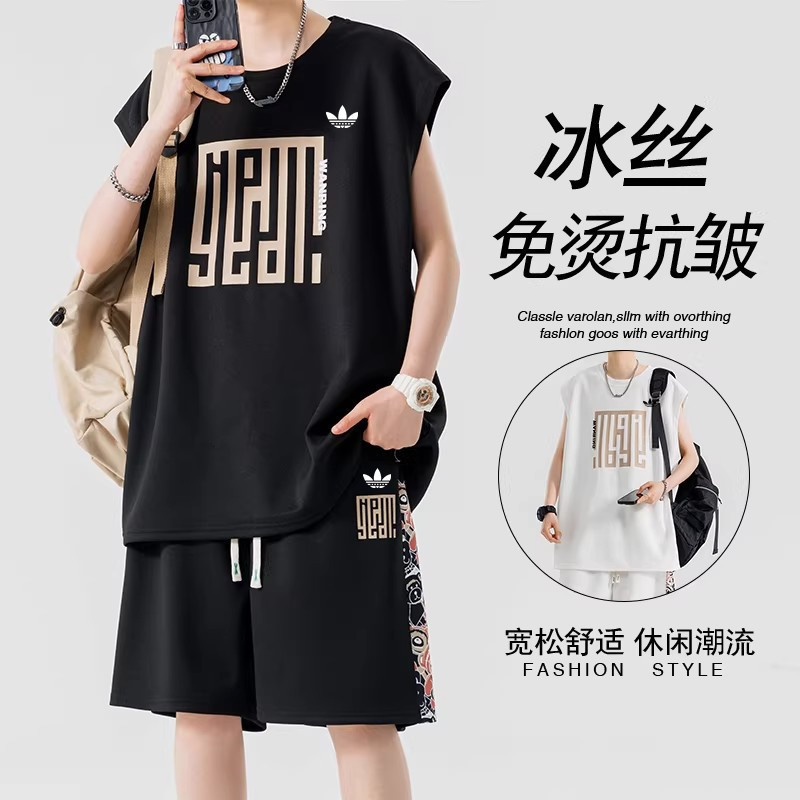Outlet Exclusive Ice Silk Casual Suit for Men, Summer New Chinese Style Trendy Sleeveless Sports Vest Two-Piece Set