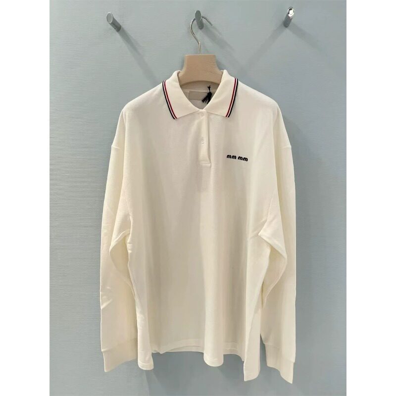 Molly Haute Couture 25 Spring/Summer New Style Letter Embroidered Logo Contrast Striped Lapel Loose Long-Sleeved Polo Shirt Molly Haute Couture 25 Spring/Summer New Style Letter Embroidered Logo Contrast Striped Lapel Loose Long-Sleeved Polo Shirt