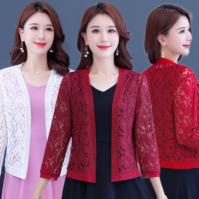 Trendy New Lace Cardigan for Women, Versatile Short Outerwear for Middle-Aged Women, Suitable for Spring and Autumn, Air-Conditioning Shirt, Shawl for Summer