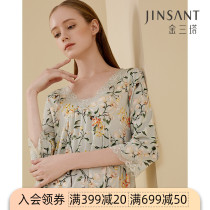 Golden Three Pagoda 2021 Spring Summer New Silk V Collar Mid-Sleeve Sexy Nightdress Female Mulberry Silk Cool Print Pajamas