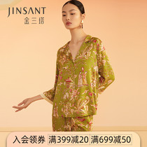 Golden Three Tower 2021 spring and summer new heavy mulberry silk stretch pants set printed long sleeve can be worn outside pajamas women