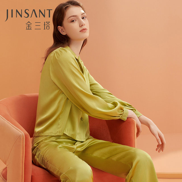 Jinsanta serine ສະດວກສະບາຍ 100% mulberry silk ທໍາມະດາ lantern sleeve two-piece set pajamas home wear new spring and summer products