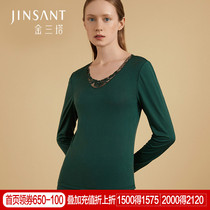 Golden three towers 2020 autumn and winter new silk V warm autumn clothes autumn pants set long sleeve solid color warm suit women
