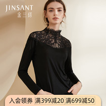 Golden Sanita Autumn Winter New Genuine Silk Lace Warm Blouse Women High Collar Long Sleeve Undershirt Woman