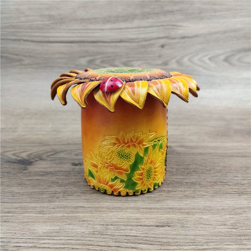 Cow Leather Handmade Sunflower Deposit money pot desktop Small swing piece Home Ornament Cute Idi Garden Genuine Leather Creativity Small Gift