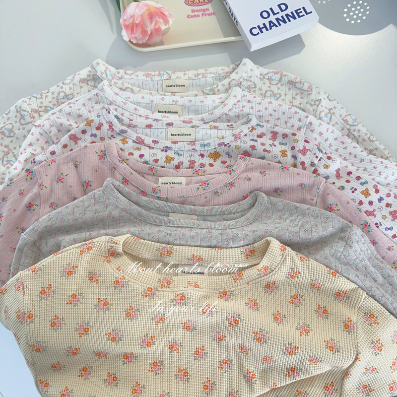 Korean Imported Cotton Yarn Ins-Style Homemade Floral Korean-Style Knitwear Loungewear Base Layer Waffle Knit T-Shirt