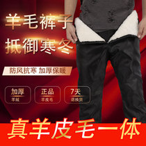 Winter middle-aged wool fur all-in-one pants Mens velvet thickened sheepskin cotton pants Leather warm cold pants